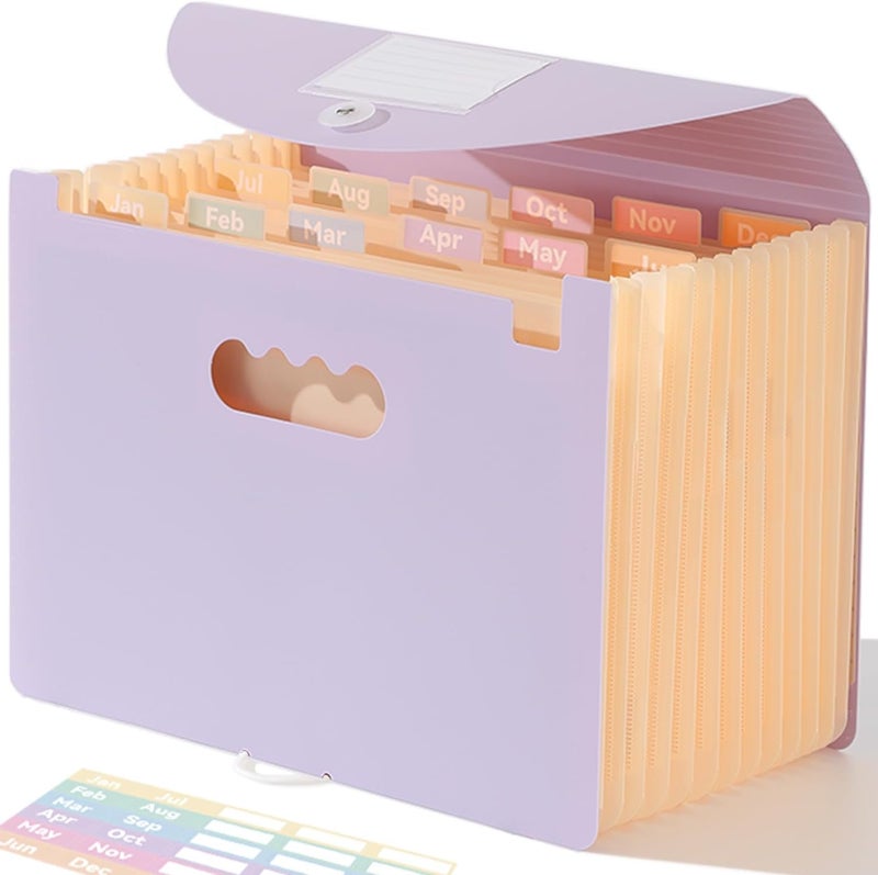 SortRax Accordion File Organizer 12 Pockets, Monthly Bill Receipt Tax Organizer, Expanding File Folders with Larger Bright Tabs, Fits Letter/A4 Size - Black - Purple - Image 1